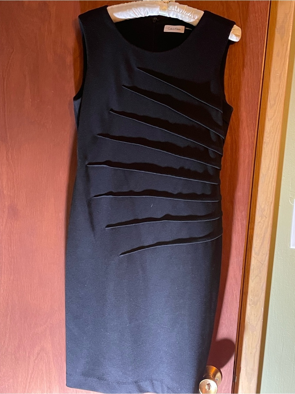 Calvin Klein Black Sleeveless Midi Dress with Diagonal Pleat Accents. Like new.
